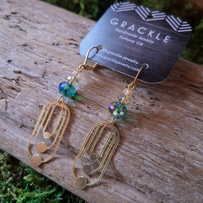 Emerald Deco Brass Earrings
