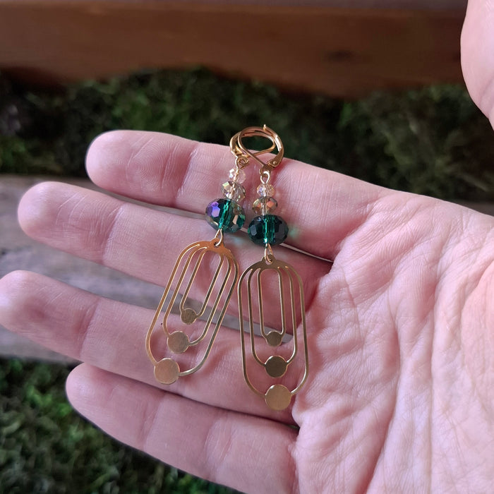 Emerald Deco Brass Earrings