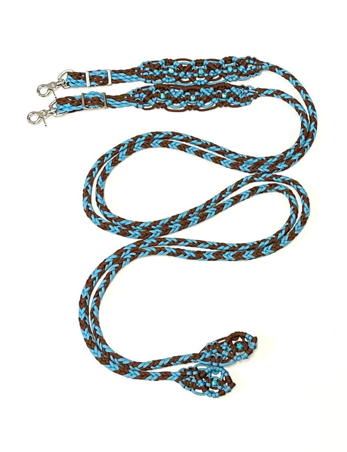 Fancy braided split reins in walnut brown and neon turquoise with beads….beautiful yet practical