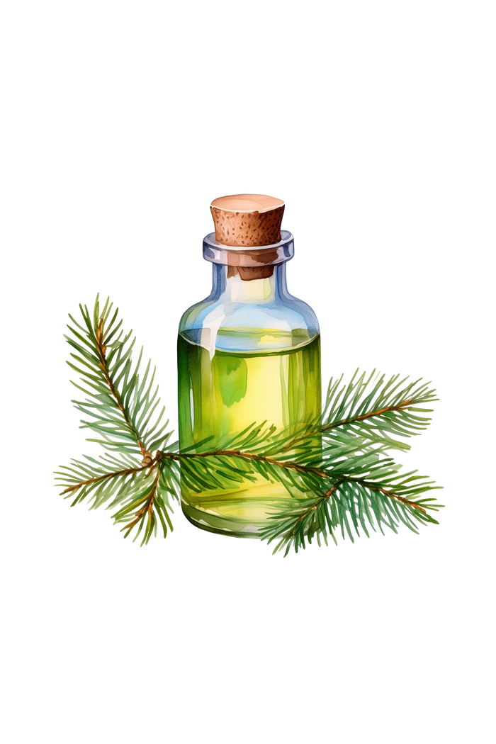 Rustic Strength - botanical watercolor image of fir needle sprigs with a corked glass bottle containing green tinted oil, representing Fir Needle scent
