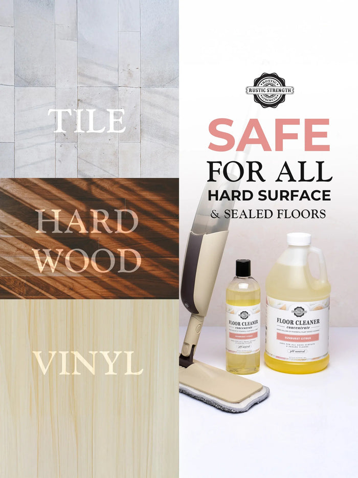 Floor Cleaner Graphic depicting Tile, Hard Wood & Vinyl with the caption "Safe for all hard surface & sealed floors"
