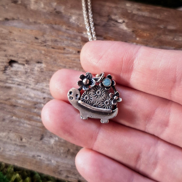 Floral Turtle Sterling Silver Pendant