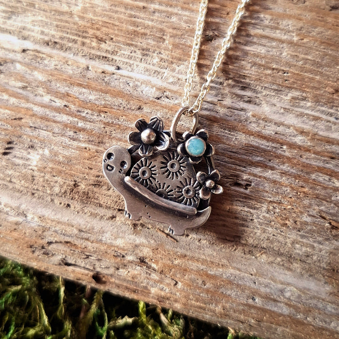 Floral Turtle Sterling Silver Pendant