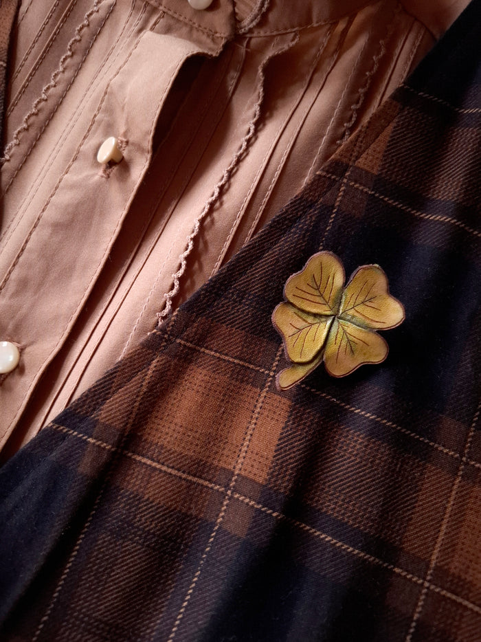Four Leaf Clover Leather Brooch