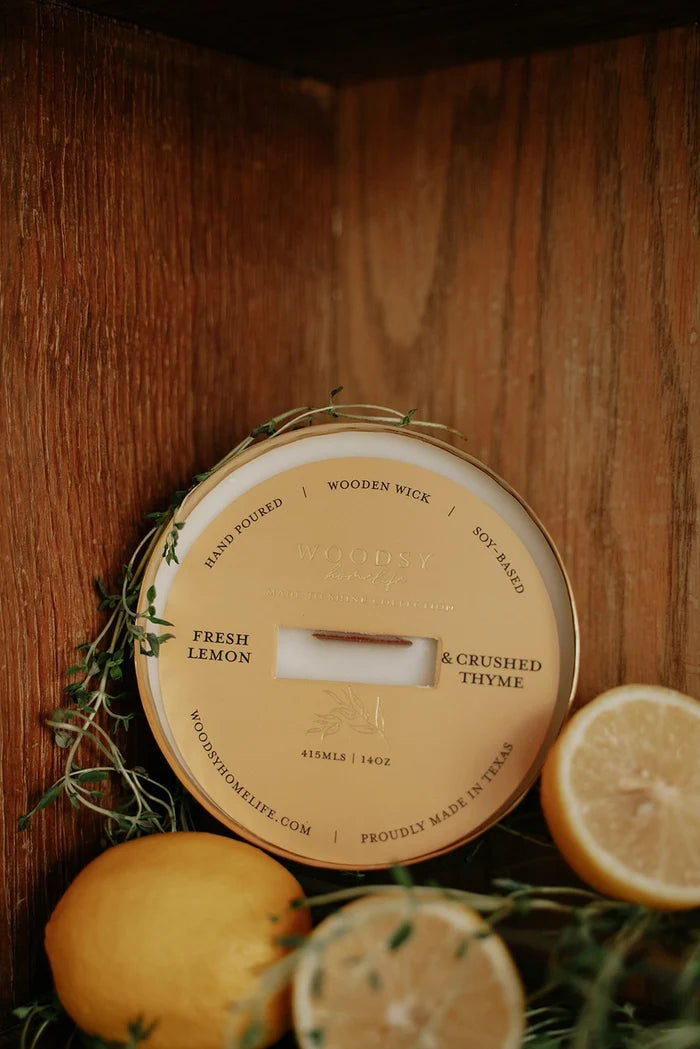 Fresh Lemon & Crushed Thyme-Solid Brass 14oz Pure Soy Candle