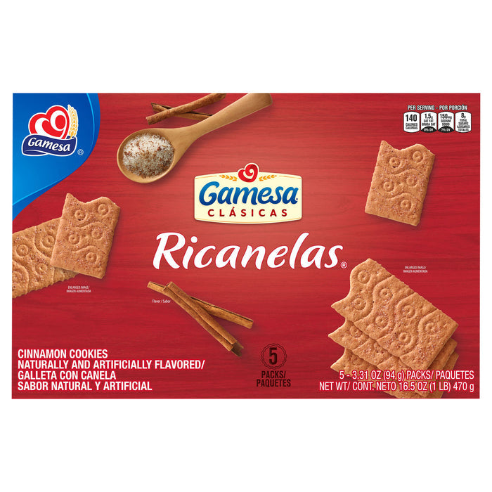Galletas Ricanelas Clásicas Gamesa con sabor a canela, sabor natural y artificial, 94 g (3.31 oz), paquete de 5 unidades