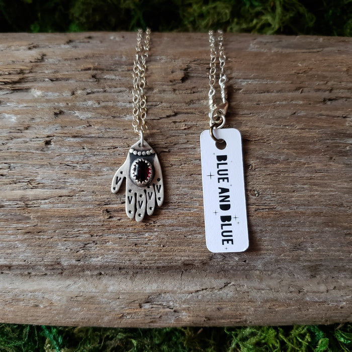 Garnet Hamsa Hand Sterling Silver Pendant