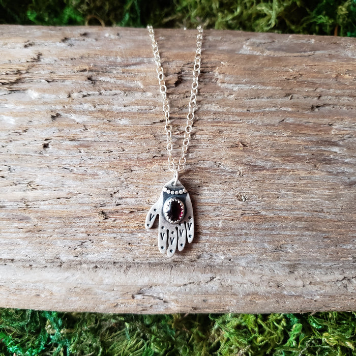 Garnet Hamsa Hand Sterling Silver Pendant