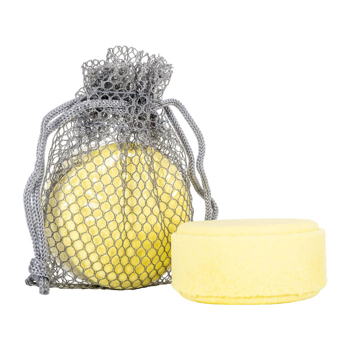 yellow shower steamer in and out of mesh bag
