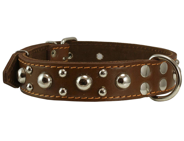 Genuine 1.5" Wide Thick Leather Studded Dog Collar. Fits 17"-21.5" Neck, Large Breeds.