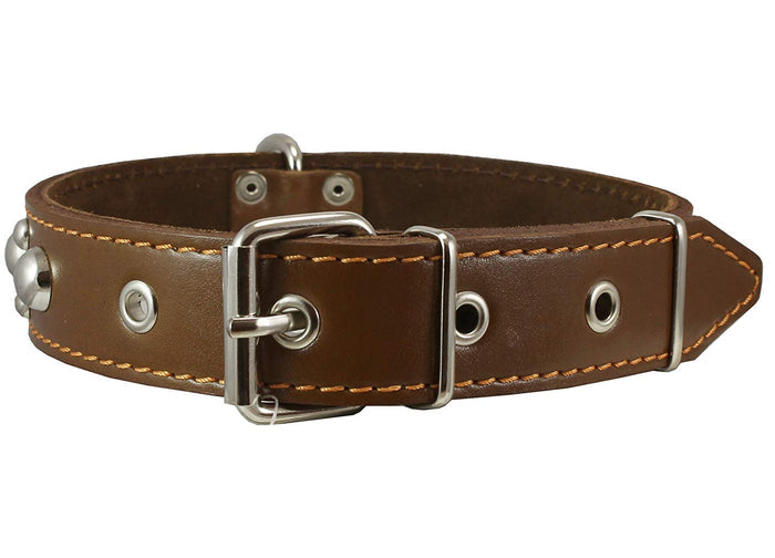 Genuine 1.5" Wide Thick Leather Studded Dog Collar. Fits 17"-21.5" Neck, Large Breeds.