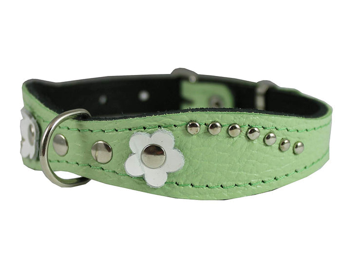 Genuine Leather Designer Dog Collar 11"x3/4" with Studs, Daisy, and Rhinestone, fit 8"-10" neck