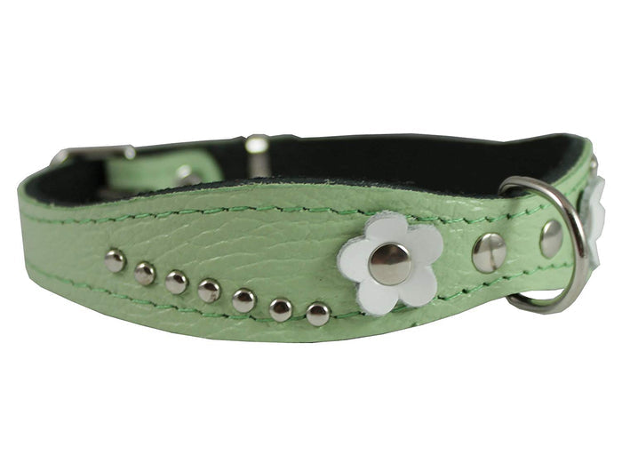 Genuine Leather Designer Dog Collar 11"x3/4" with Studs, Daisy, and Rhinestone, fit 8"-10" neck