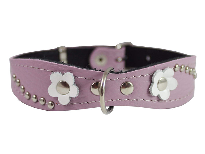 Genuine leather Designer Dog Collar 11"x3/4" with Studs, Daisy, and Rhinestone