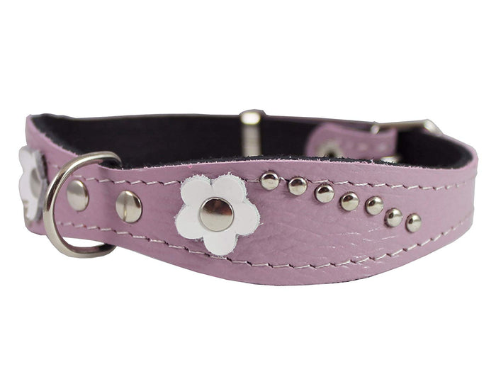Genuine leather Designer Dog Collar 11"x3/4" with Studs, Daisy, and Rhinestone