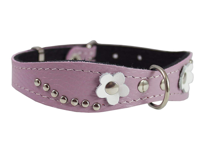 Genuine leather Designer Dog Collar 11"x3/4" with Studs, Daisy, and Rhinestone