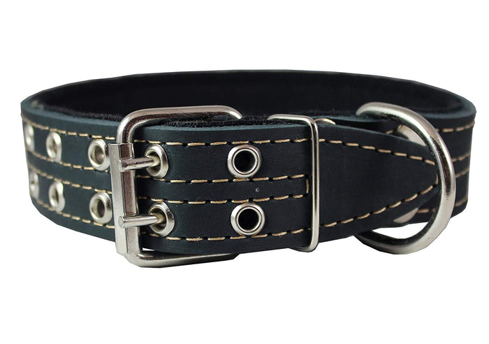 Genuine Leather Dog Collar, Padded Black, 1.5" Wide. Fits 14"-18" Neck Size, Medium