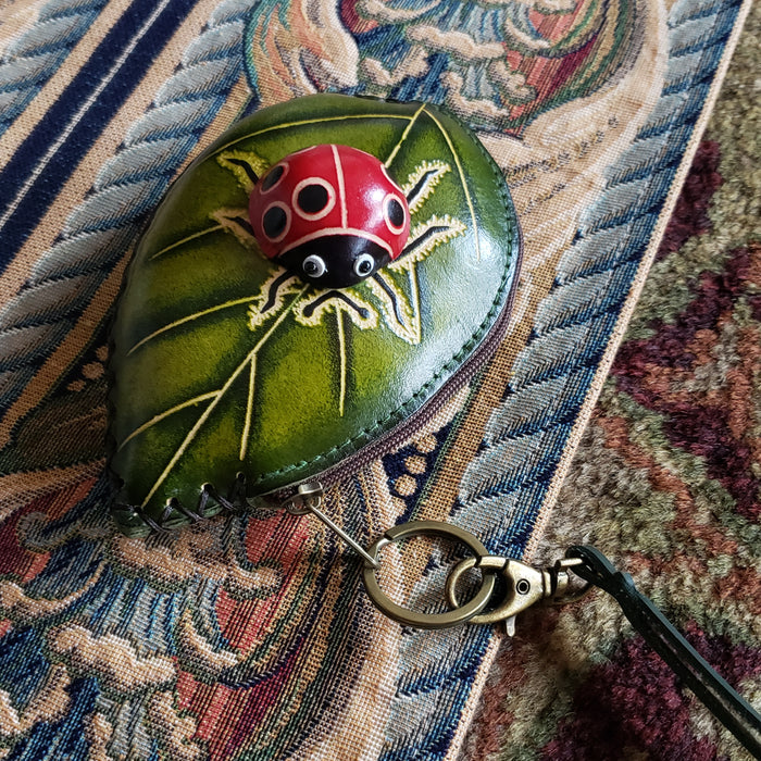 Genuine Leather Leaf and Ladybug Pouch