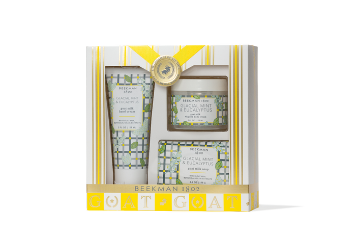 Beekman 1802 gift set with two products in a decorative box on a white background