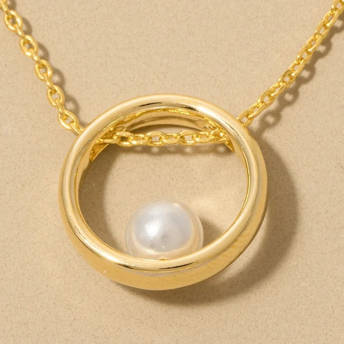 Gold Dipped Pearl Bead Ring Pendant Necklace