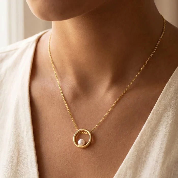 Gold Dipped Pearl Bead Ring Pendant Necklace