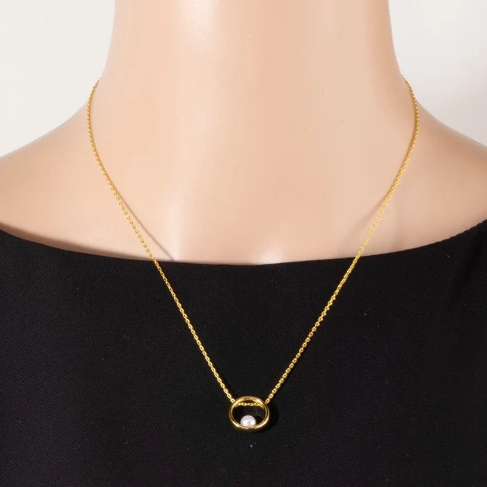 Gold Dipped Pearl Bead Ring Pendant Necklace