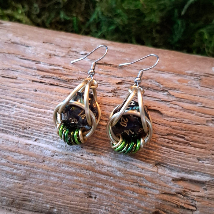 Green & Gold D20 Dice Chainmail Earrings