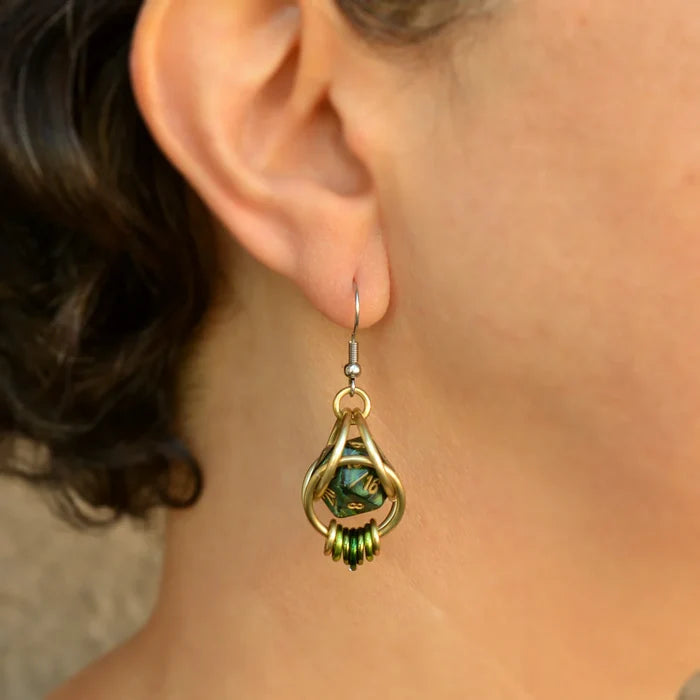Green & Gold D20 Dice Chainmail Earrings