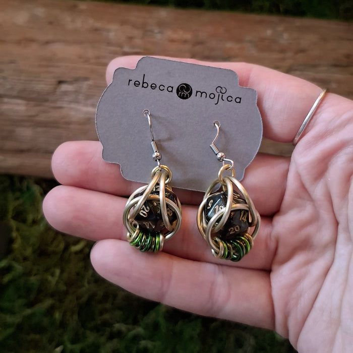 Green & Gold D20 Dice Chainmail Earrings