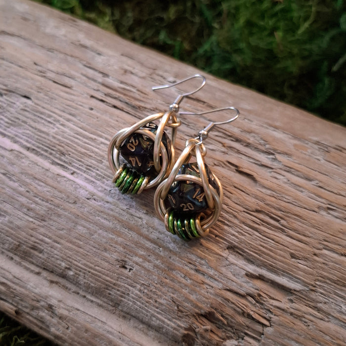 Green & Gold D20 Dice Chainmail Earrings