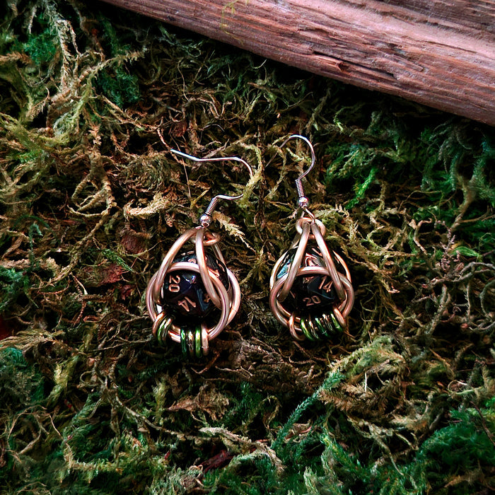 Green & Gold D20 Dice Chainmail Earrings