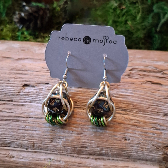 Green & Gold D20 Dice Chainmail Earrings