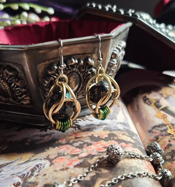 Green & Gold D20 Dice Chainmail Earrings