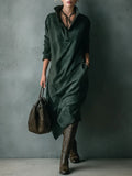 Green Loose Suede Lapel Long Sleeve Midi Dress