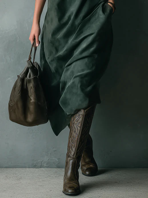 Green Loose Suede Lapel Long Sleeve Midi Dress