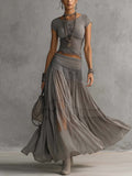 Grey Sheer Lace-Paneled Top and Pleated Maxi Skirt Set