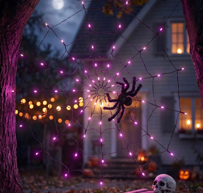 Halloween Spider Web LED String Lights with Remote, 70cm Web + 30cm Black Spider