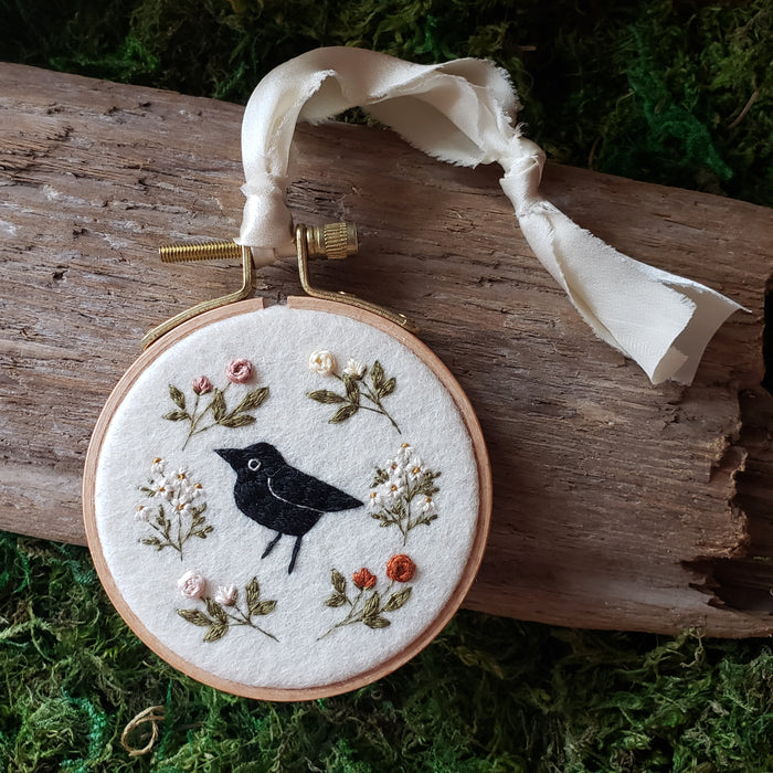 Hand-Embroidered Crow & Floral Hoop Ornament