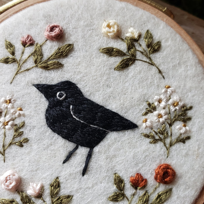 Hand-Embroidered Crow & Floral Hoop Ornament