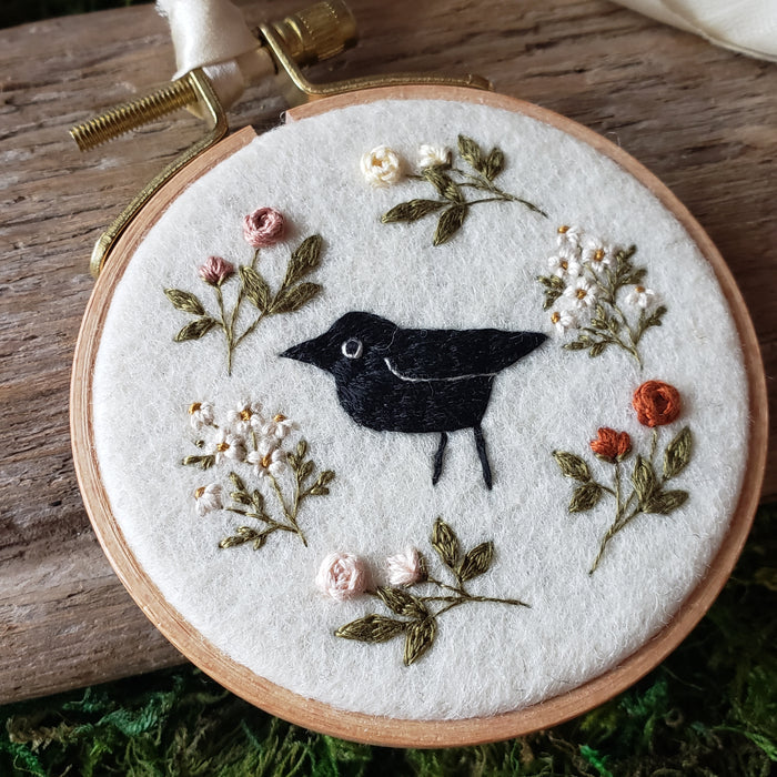 Hand-Embroidered Crow & Floral Hoop Ornament