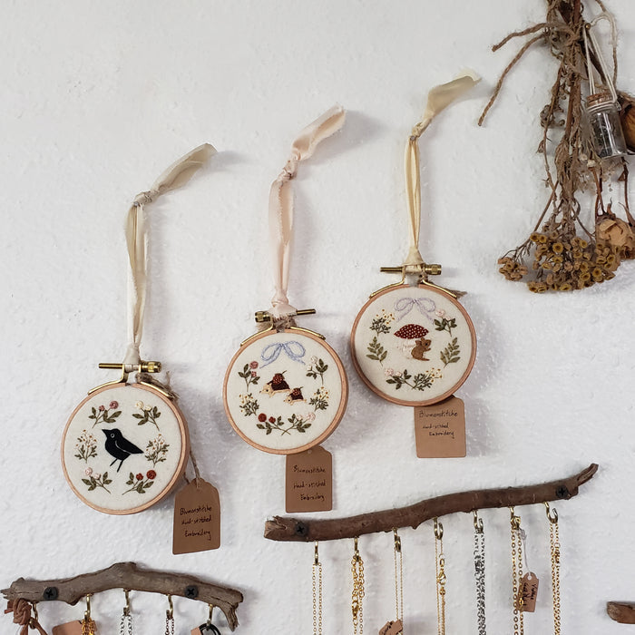 Hand-Embroidered Crow & Floral Hoop Ornament