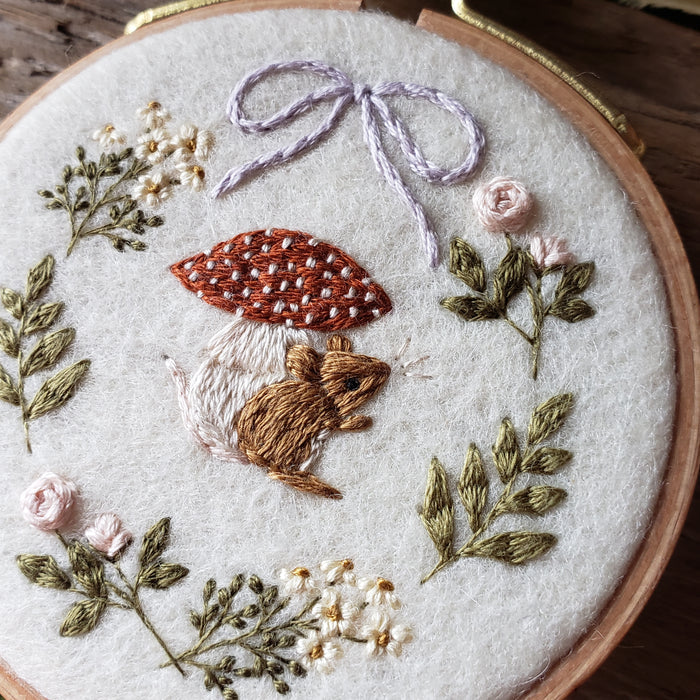 Hand-Embroidered Mouse & Mushroom Hoop Ornament