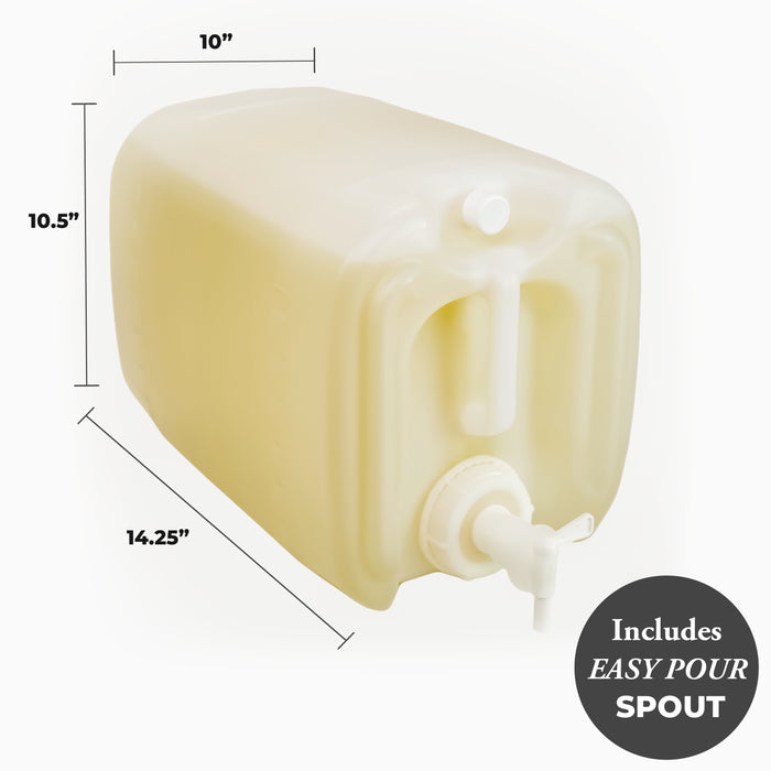 Rustic Strength, 5 Gallon Eco Jug with Spout showing size dimensions of 10 inches by 10.5 inches by 14. 25 inches