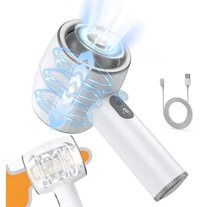 White handheld induction pleasure device with vibration effects and USB charging cable