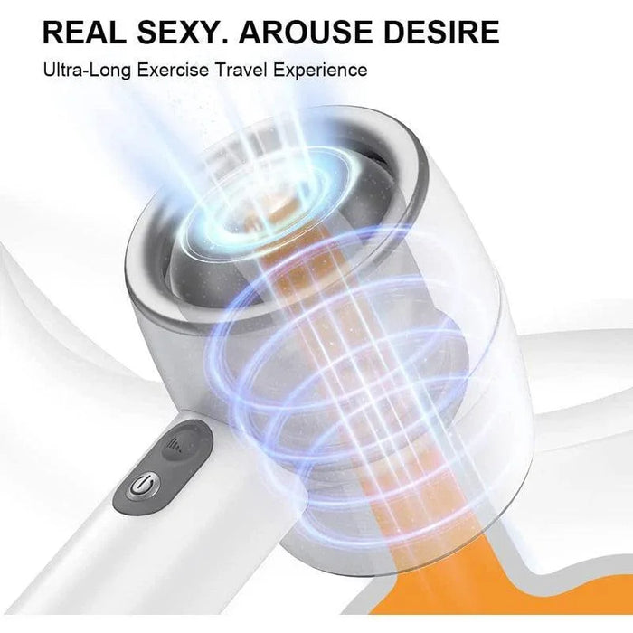 Handheld automatic male massager with transparent inner chamber and power button, promoting stimulation.