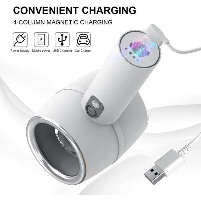 White handheld induction pleasure toy with USB magnetic charging and control buttons