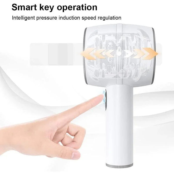 Hand holding a white handheld automatic male massage device with smart induction button