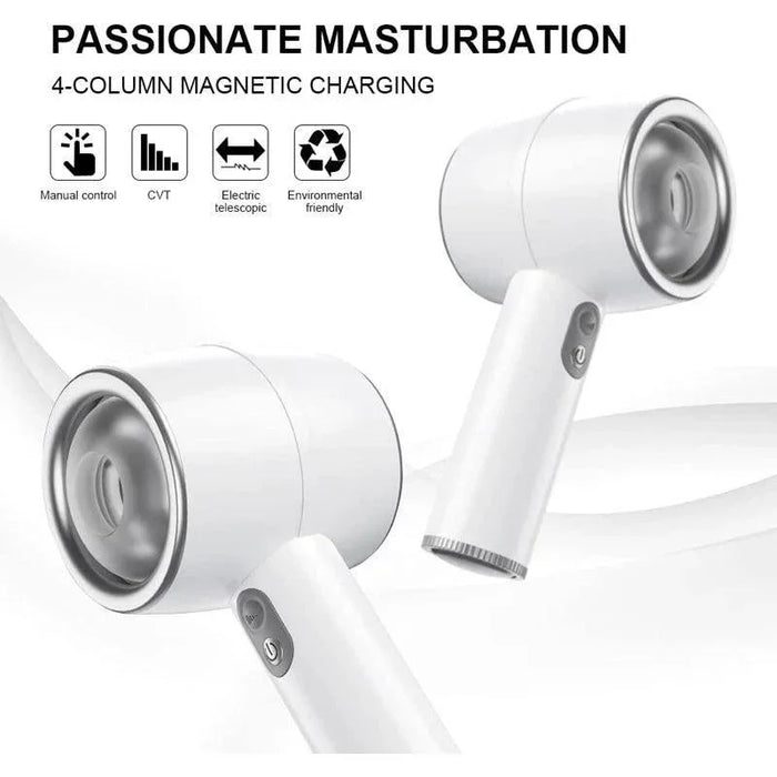 White handheld induction stimulation toy with control button, magnetic charging feature