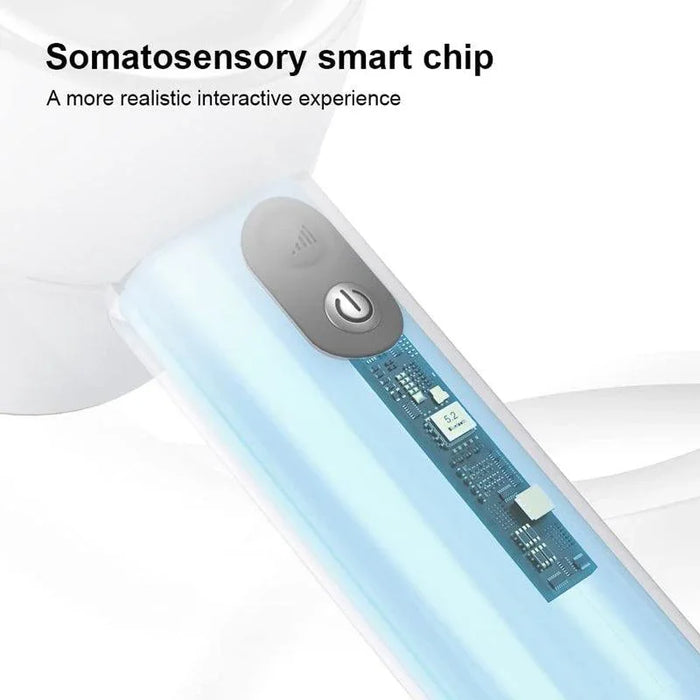 Handheld personal massager with smart chip and power button, close-up on white background