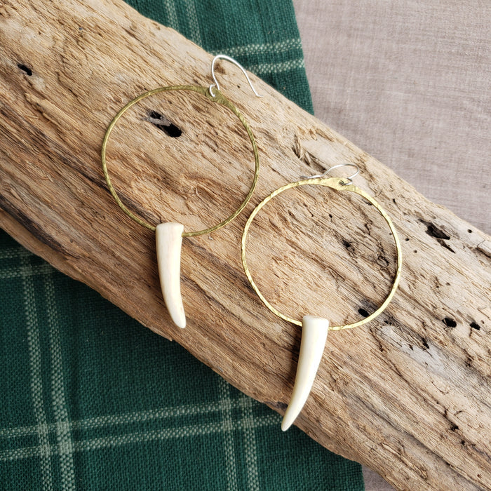 Handmade Brass & Antler Tip Hoop Earrings